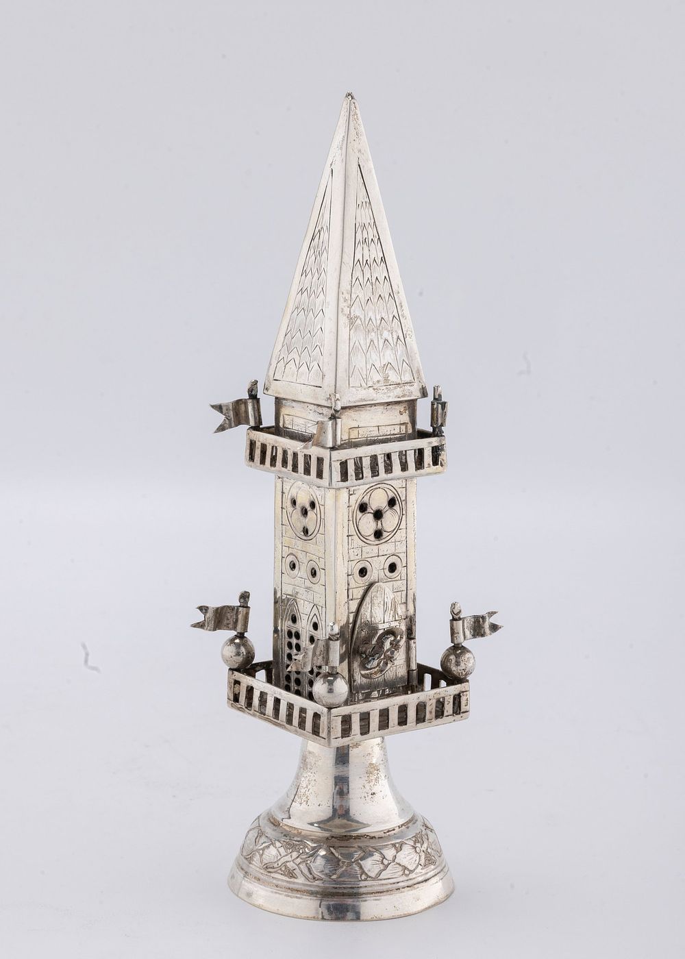 A SILVER CASTLE FORM SPICE TOWER. Germany, c. 1860. On a round domed bas with four balconies 
