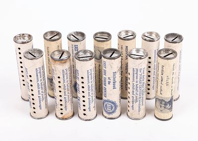 A GROUP OF 12 CHARITY CONTAINERS. New York, c. 1940. Collecting dimes for the Lower East Side 