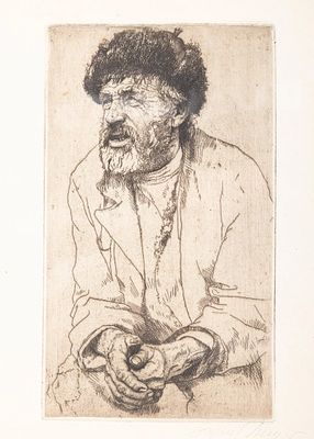 MAYER. Early lithograph of a Jewish man with fur hat sitting. Signed and dated 1943. MAYER. 