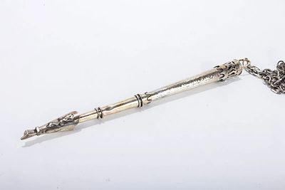 A STERLING SILVER TORAH POINTER. Probably Israel, c. 1970. Hand hammered body with stylized 