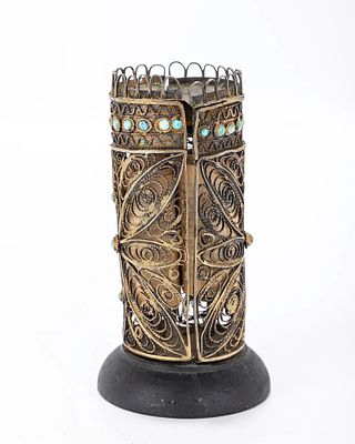 A MINIATURE SILVER TORAH TIK. Probably Jerusalem, c. 1920. In traditional shape with true form 