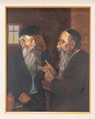 OIL ON CANVAS. Rabbis in discussion. Well colored oil on canvas of religious Jewish men in 