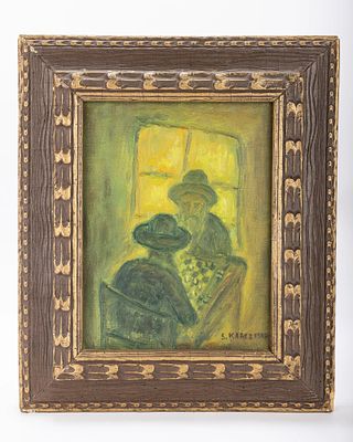 OIL ON CANVAS. Jewish men in discission Simon Karczmar. NittleNacht. Jewish men playing chess by 