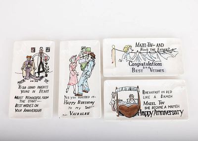 A COLLECTION OF FOUR YIDDISH HUMOR ASH TRAYS. America/Japan, c.1960. Written in Yiddish 