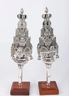 A MONUMENTAL PAIR OF SILVER TORAH FINIALS FROM THE FURMAN COLLECTION FEATURED IN THE BOOK 
