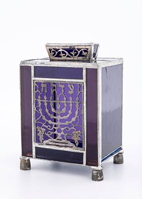 A STAINED GLASS AND SILVER SOLDER CHARITY CONTAINER. Probably Israel, c. 1970. On four bell 