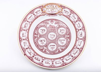 A PASSOVER SEDER DISH BY BARDINGER. London, c.1910. Printed red on white with scenes from the 