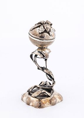 A SILVER SPICE TOWER. Continental, 20th century. Pomander form in art, noveau style. With a 