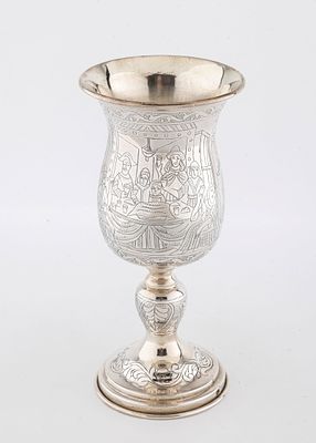 A MONUMENTAL 835 SILVER PASSOVER GOBLET. Traditional baluster shaped on a round base. Engraved 