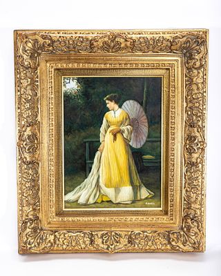 OIL ON BOARD. D. Goetz. Woman with Umbrella. The painting is 12" x 16" excluding frame. Depicts 