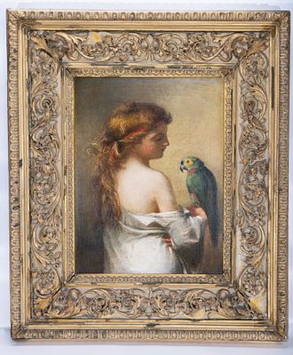 OIL ON CANVAS. Female with a parrot. Dated 1873. A large oil on canvas, house in a magnificent 