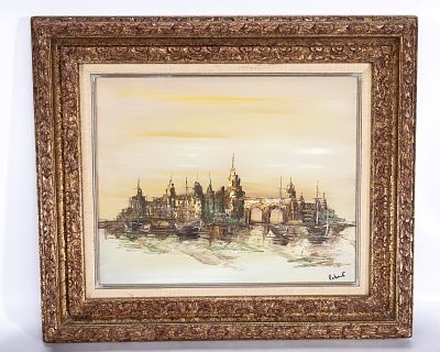 OIL ON CANVAS. TOWN SCENE c. 1970. A town scene (16" x 20") Oil on canvas. Accompanied by a 