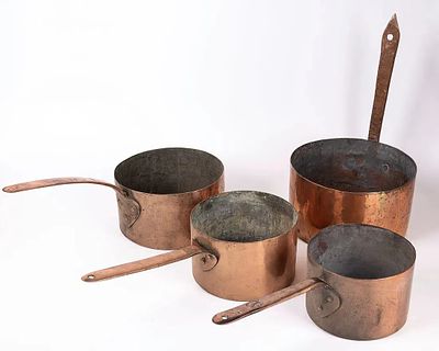 A COLLECTION OF 4 COPPER HAND WROUGHT POTS. Mostly Russian, 19th and early 20th centuries. 