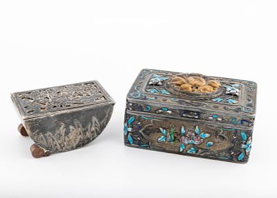 TWO SILVER CHINESE FANCY BOXES EXPORT. TIGER EYE AND ENAMEL. The first is rectangular in shape 