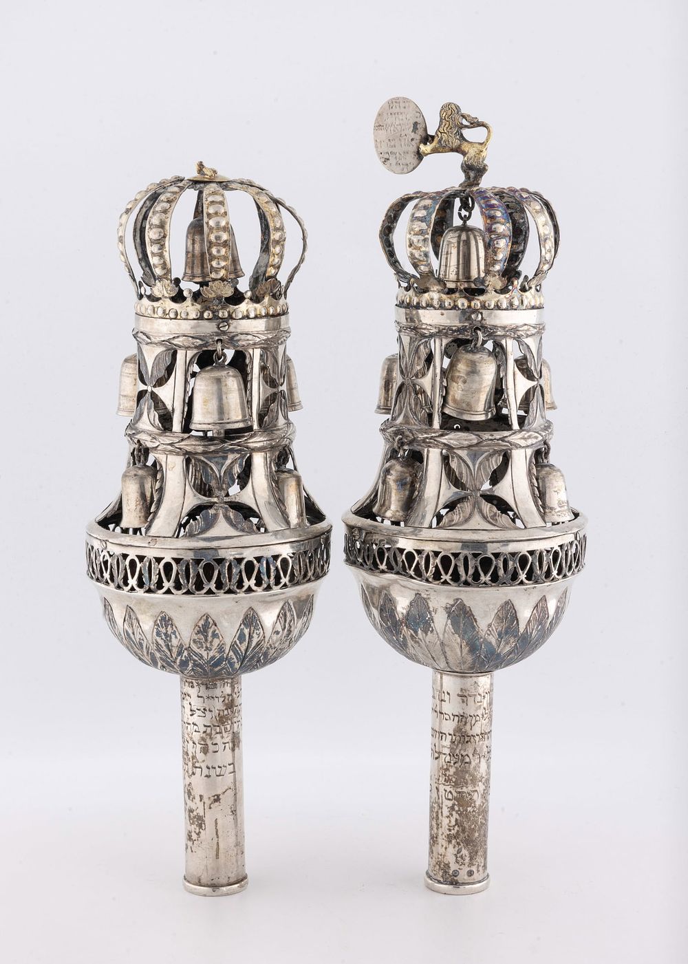A PAIR OF SILVER TORAH FINIALS. Nuremberg, 1856. On tubular staves with an outwardly tapering 