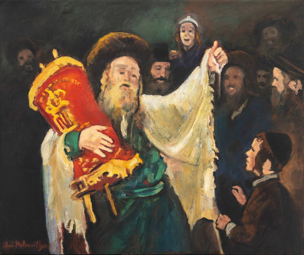Zvi Malnovitzer (Israeli b. 1945) Oil on canvas. The Rebbe dancing with the Torah with his 