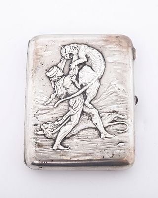 A SILVER CIGARETTE CASE. Moscow, first quarter 20th century. The front depicting a Cossack 