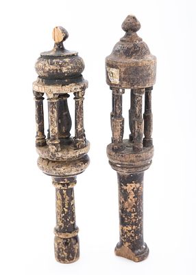 TWO WOOD TORAH FINIALS, Probably Libya, c. 1900. Traditional form. Each with columns. 11.4" tall