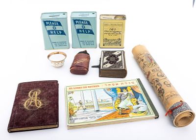 A GROUP OF JUDAICA OBJECTS AND BOOKS. Including three charity containers, one antique paper 