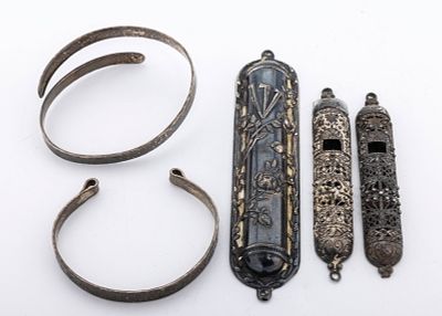 THREE STERLING SILVER MEZUZOT COVERS AND TWO ISRAELI STERLING BRACELETS. Two filigree mezuzot 