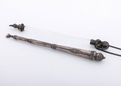 TWO STERLING SILVER TORAH POINTERS. Israel, modern. One completely silver in Bezalel design. 