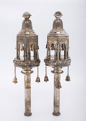 A LARGE AND HEAVY PAIR OF STERLING SILVER TORAH FINIALS BY MICHAEL STRAUSS. In the style of 