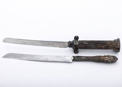 TWO STERLING SILVER HANDLED CHALLAH KNIVES. American or Israeli. Modern. With sterling silver 
