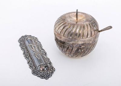 A STERLING SILVER HONEY DISH AND MEZUZAH COVER. The honey dish (3.9" tall) is in the shape of 
