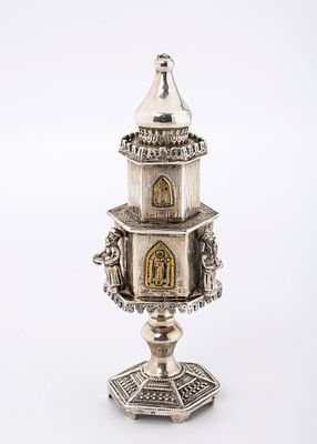 A STERLING SILVER SPICE CONTAINER BY BENZION. Israel, modern. On a six sided base with six sided 
