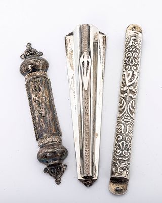 A GROUP OF THREE STERLING SILVER MEZUZOT. Israel, modern. The largest is 7" long. 128.1 grams