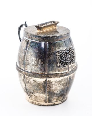 A STERLING SILVER CHARITY CONTAINER. Probably Israel, c. 2000. Barrel form with handle. With a 