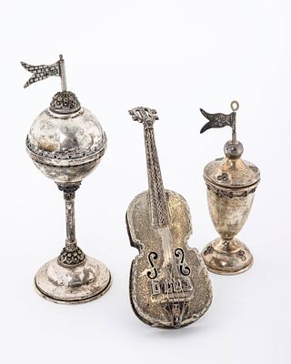 THREE STERLING SILVER SPICE CONTAINERS. Israel, c. 2000. The first is in balloon shape, the 