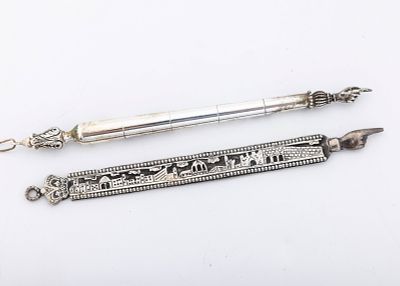 A STERLING SILVER "JERUSALEM" TORAH POINTER. Israel, modern. Flat and hand made. 42.9 grams and 