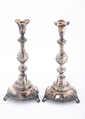 A PAIR OF LARGE SILVER CANDLESTICKS BY JOSEF EHRLICH. Warsaw, c. 1890. Each on grapevine stems 