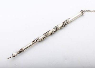 A STERLING SILVER TORAH POINTER. israel, modern. Decorated with an applied skyline of Jerusalem. 