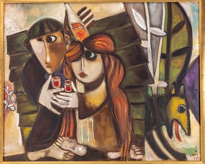 LEO ROTH (israeli 1914 - 2002). Oil on canvas. 39.5" x 32". A man and a woman holding glasses of 