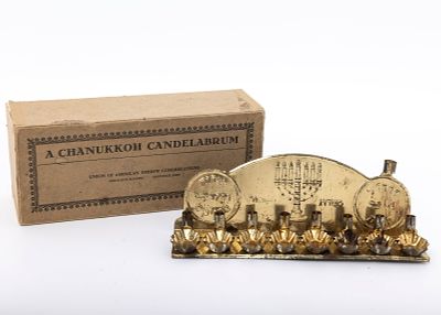A RARE CHANUKKOH CANDELABRUM. United States, c. 1920. in original box. Issued by the Union of 