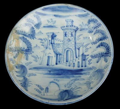 קערת דלפט הולנדית גדולה ויפה, עשויה חרס מעוטרת בציורי יד בכחול על לבן המאה ה 18 קוטר 28 סמ 