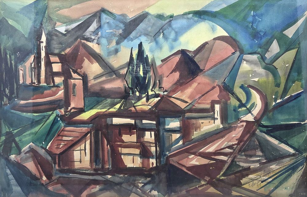 אביבה מרגלית (1919-2004), נוף כפרי, צבעי מים על נייר.
חתום ומתוארך 1958.
מידות: 33X50 ס"מ. 
לא 