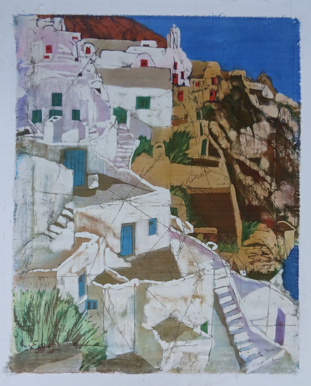 ציור יד על בד משי מוצמד לקרטון חתום מידות 40X46 סמ