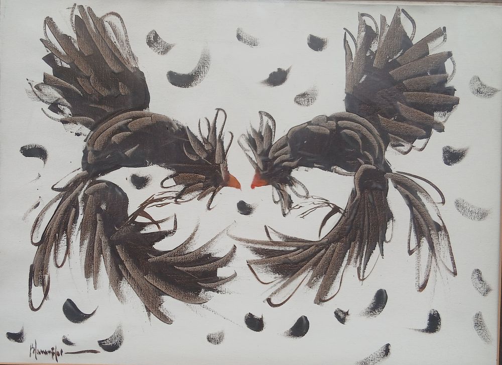 קרב תרנגולים - ציור יד על בד חתום מידות 44X58 סמ ממוסגר