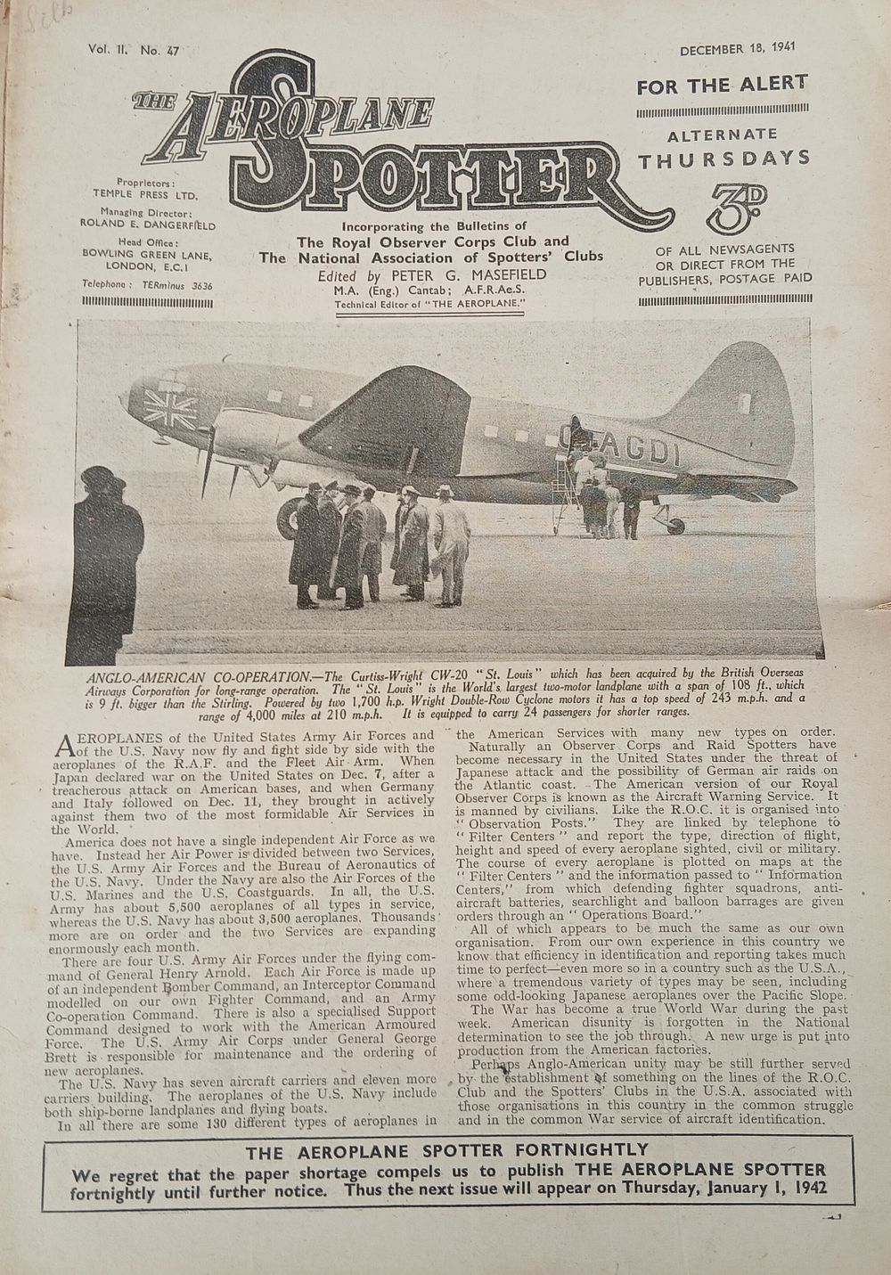 לוט 13 גיליונות של מגזין "Aeroplane Spotter" משנת 1941, המתמקד בזיהוי מטוסים במהלך מלחמת העולם 