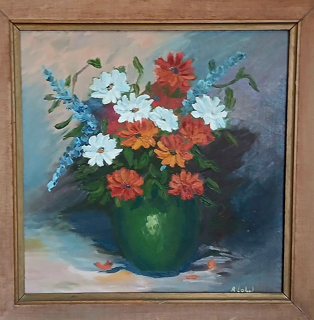 שמן על בד ציור ישן חתום מידות 30&times;30 סמ ממוסגר