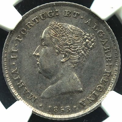 AU53 D. Maria II 100 R&eacute;is 1853 Prata. D. Maria II 100 R&eacute;is 1853 Prata AU53