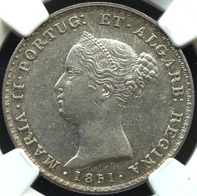AU55 D. Maria II 500 R&eacute;is 1851 Prata. D. Maria II 500 R&eacute;is 1851 Prata AU55