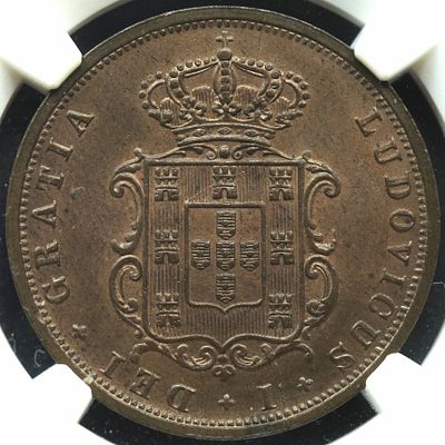 MS65BN Single Top Pop D. Lu&iacute;s I V R&eacute;is 1879 Cobre. D. Lu&iacute;s I V R&eacute;is 1879 Cobre MS65BN Single Top Pop