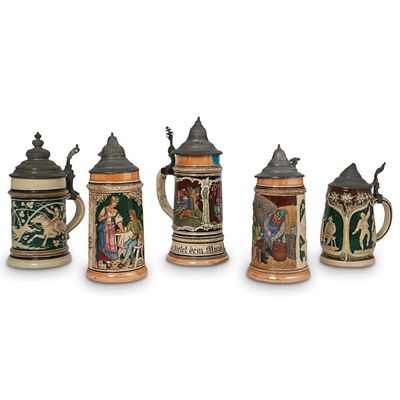 Lot of 5 Antique German Ceramic Steins. A Group of five Antique German Ceramic Steins, each 
