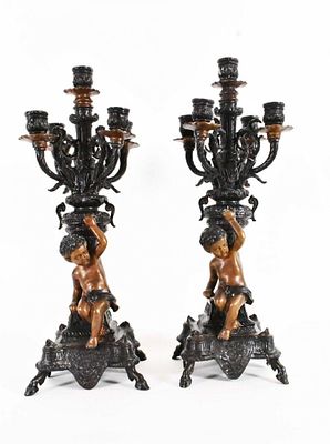 Large Pair of Patinated Bronze Candelabras. Large Pair of Renaissance Style Patinated Bronze 