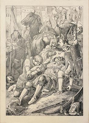 Antique Engraving of the Battle of Camlann and death of King Arthur | By German artist Rohsi 