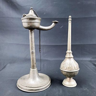 Revolutionary War Pewter Oil Lamp & Rose Water Bottle. Antique 18th Century American 